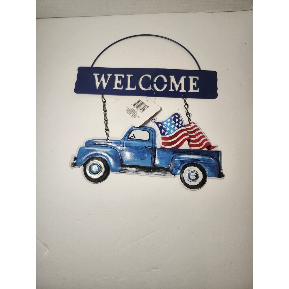 NEW 4th FOURTH OF JULY METAL BLUE PICK UP TRUCK WELCOME DOOR WALL HANGING FLAG